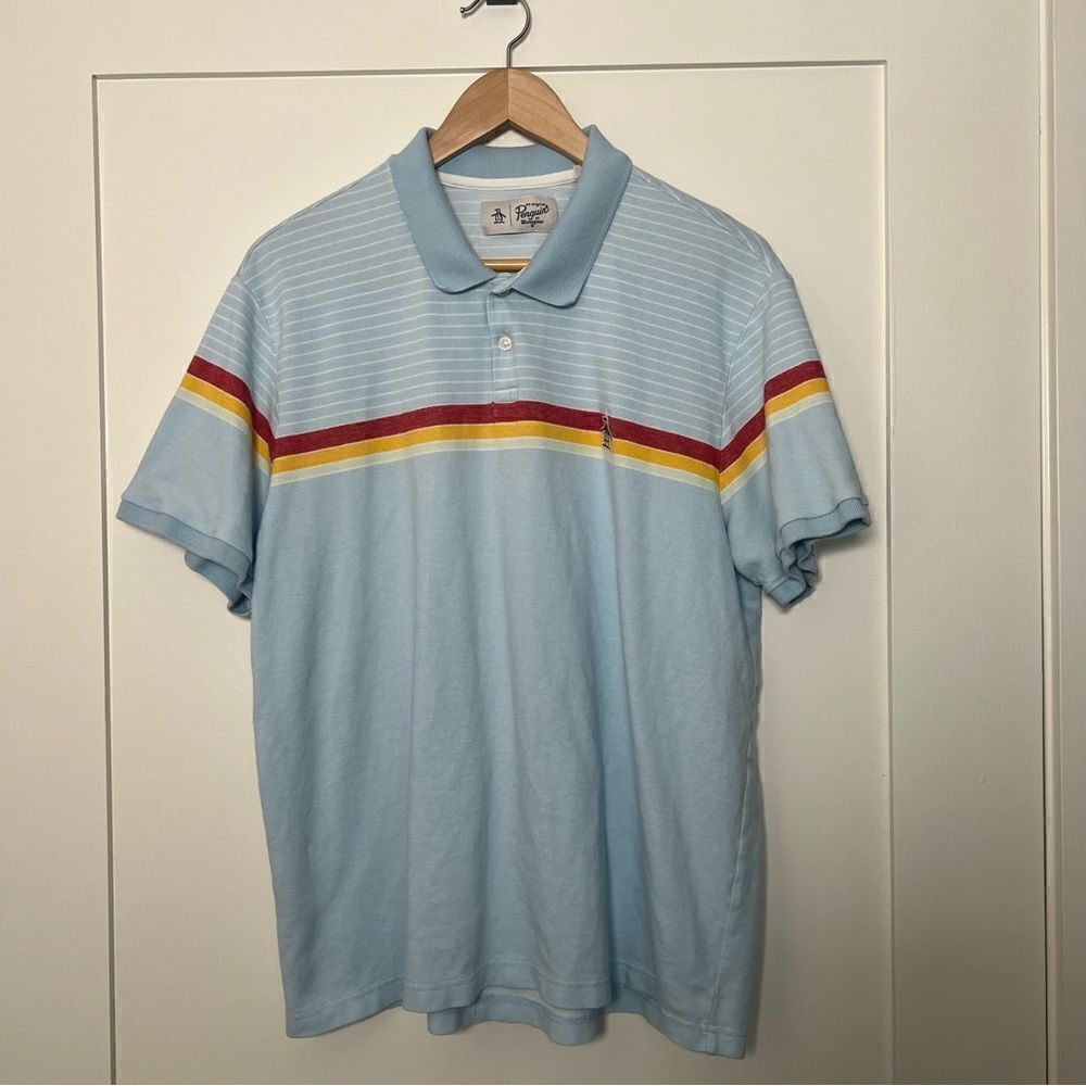 Original Penguin Mens Polo Shirt Size XL Chest Stripe Light Blue Logo Cotton